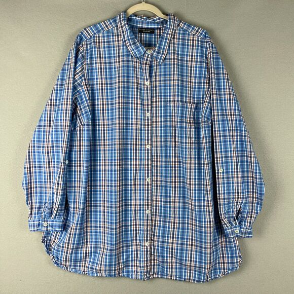 Susan Graver Weekend Top Womens 3X Blue Plaid Button Up Roll Tab Sleeve Casual - Picture 1 of 13